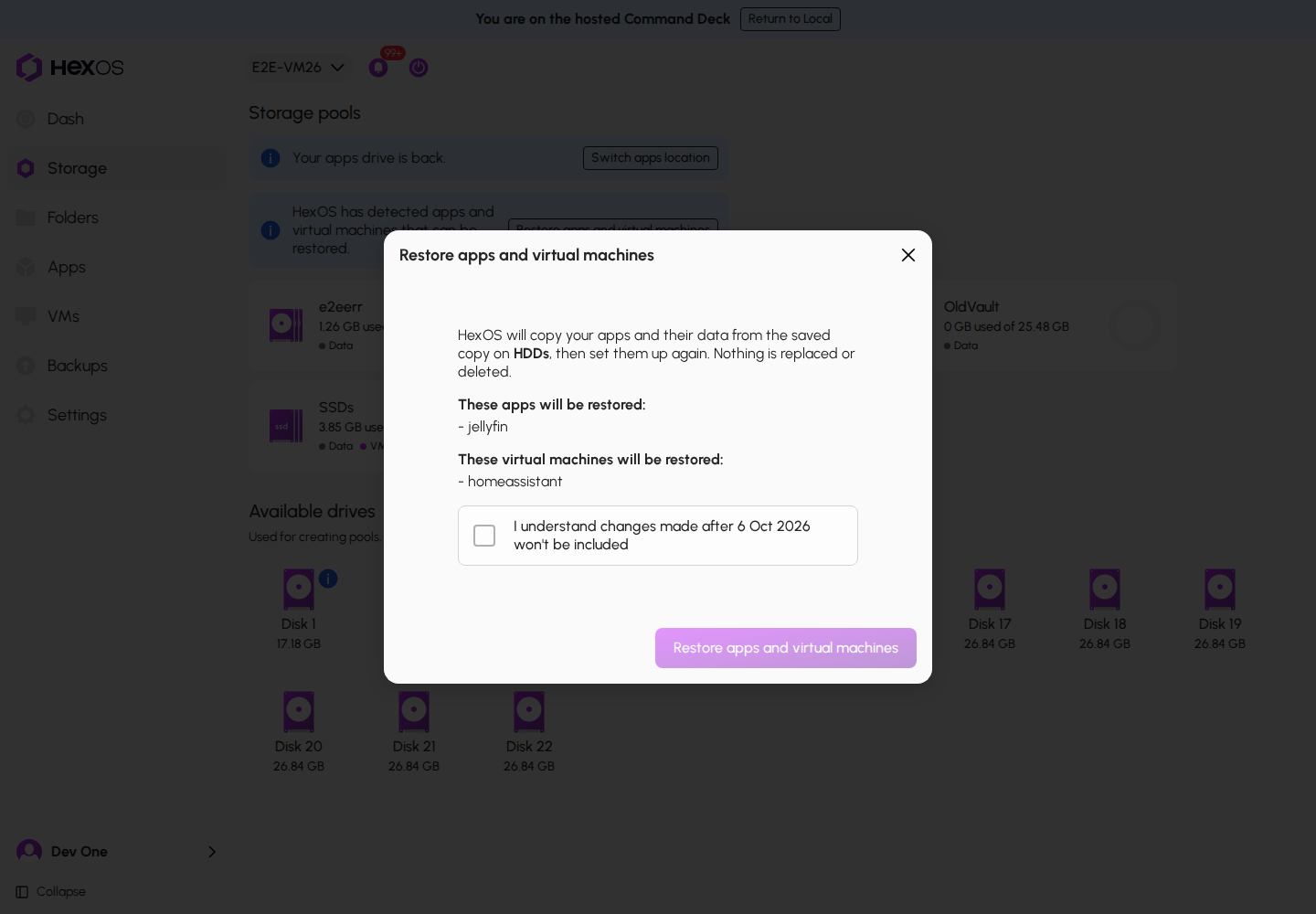 Restore apps and virtual machines