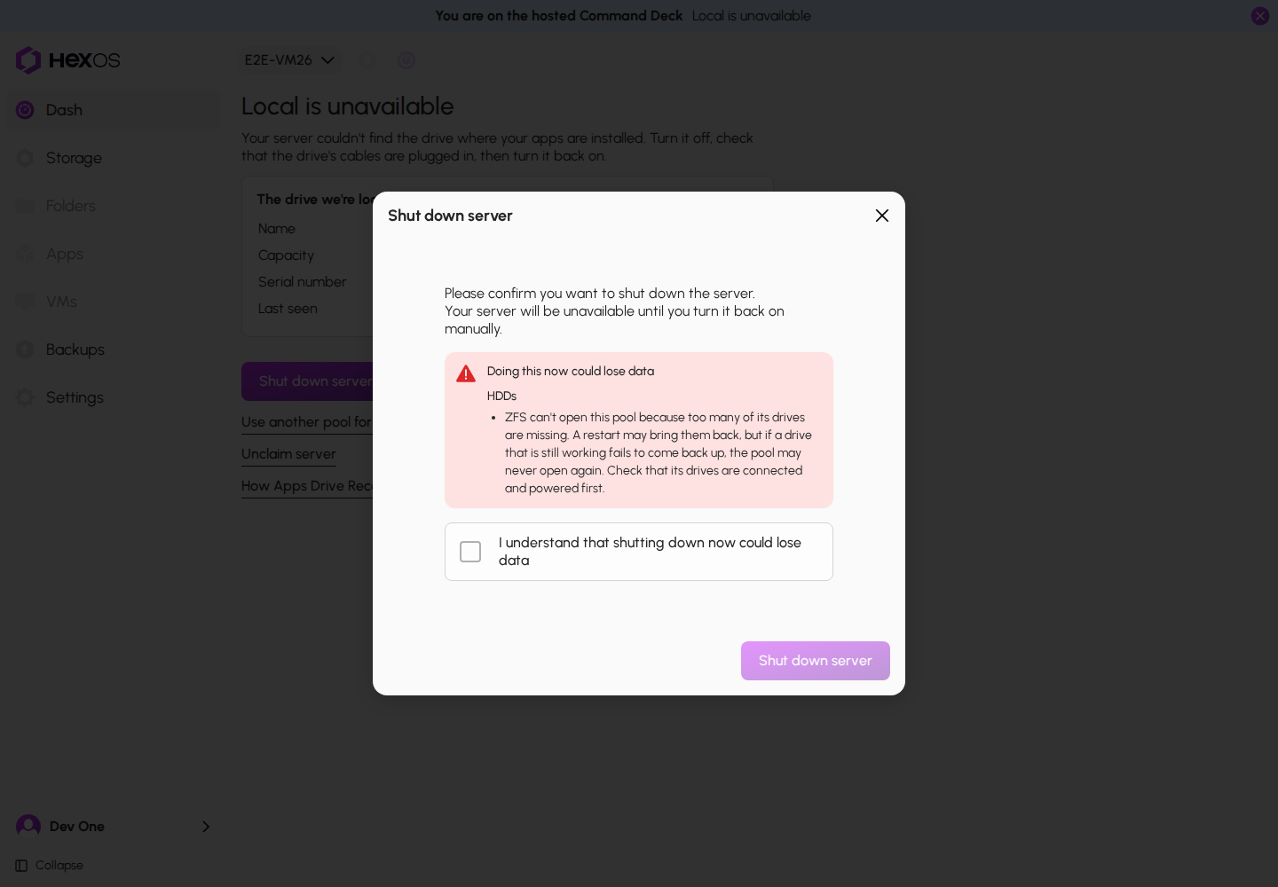 A pool-risk acknowledgment before shutting down