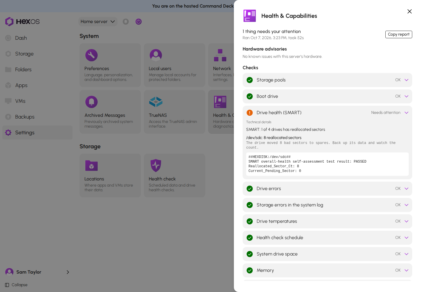 A diagnostics check that needs attention, opened to show its technical details