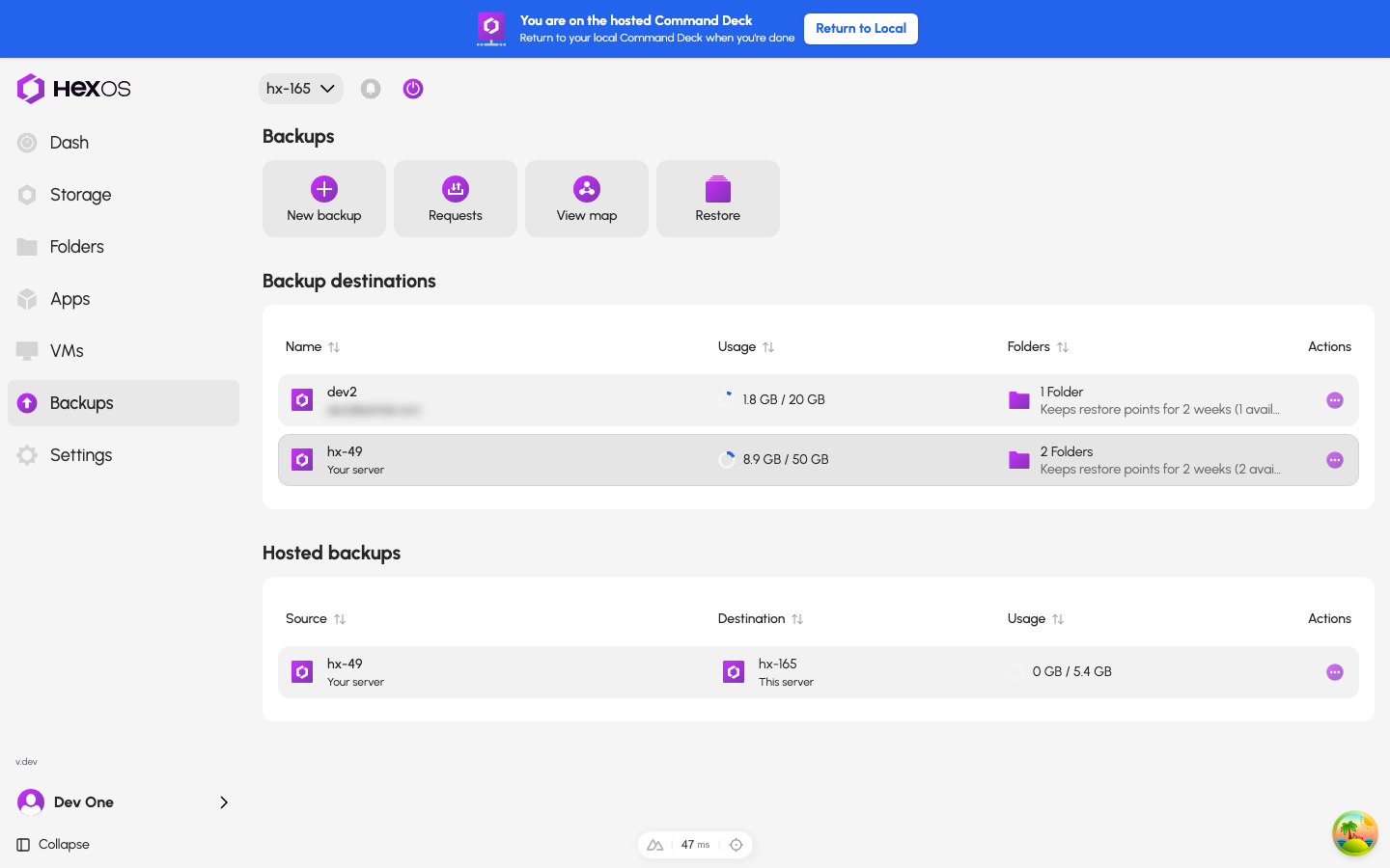 Backups page with Backup destinations and Hosted backups tables