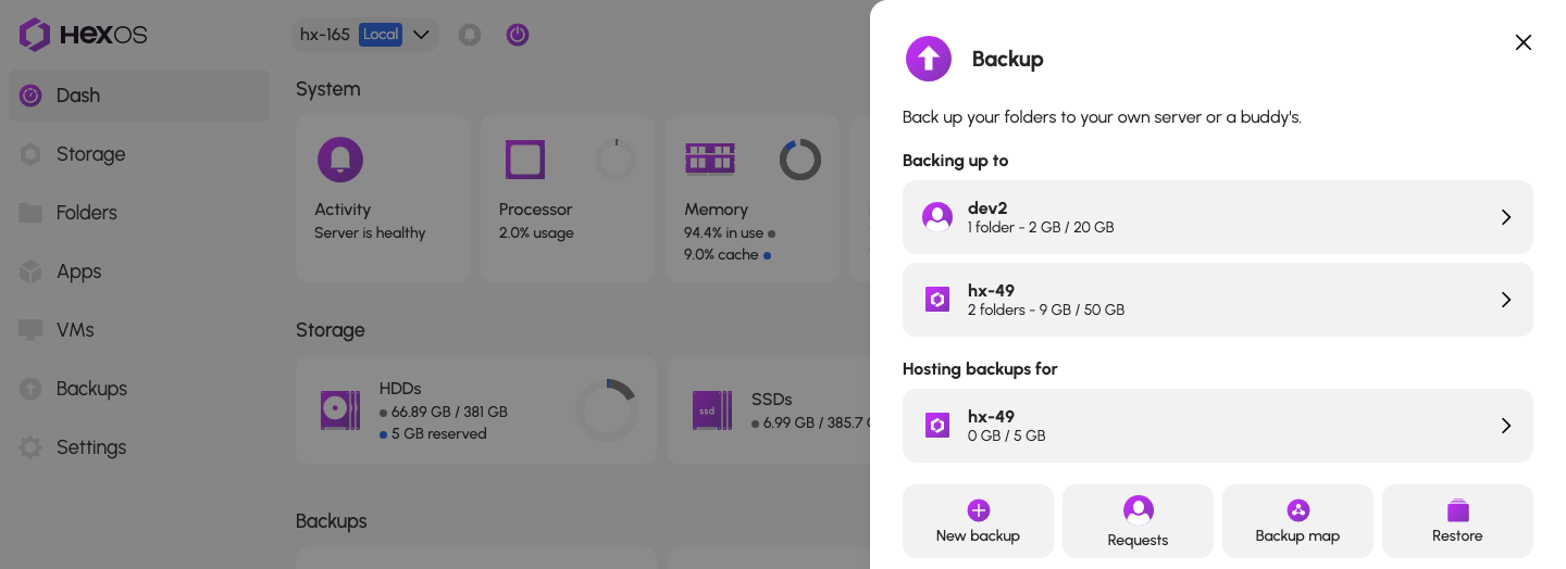 Backups panel showing Backing up to, Hosting backups for, and the four tiles