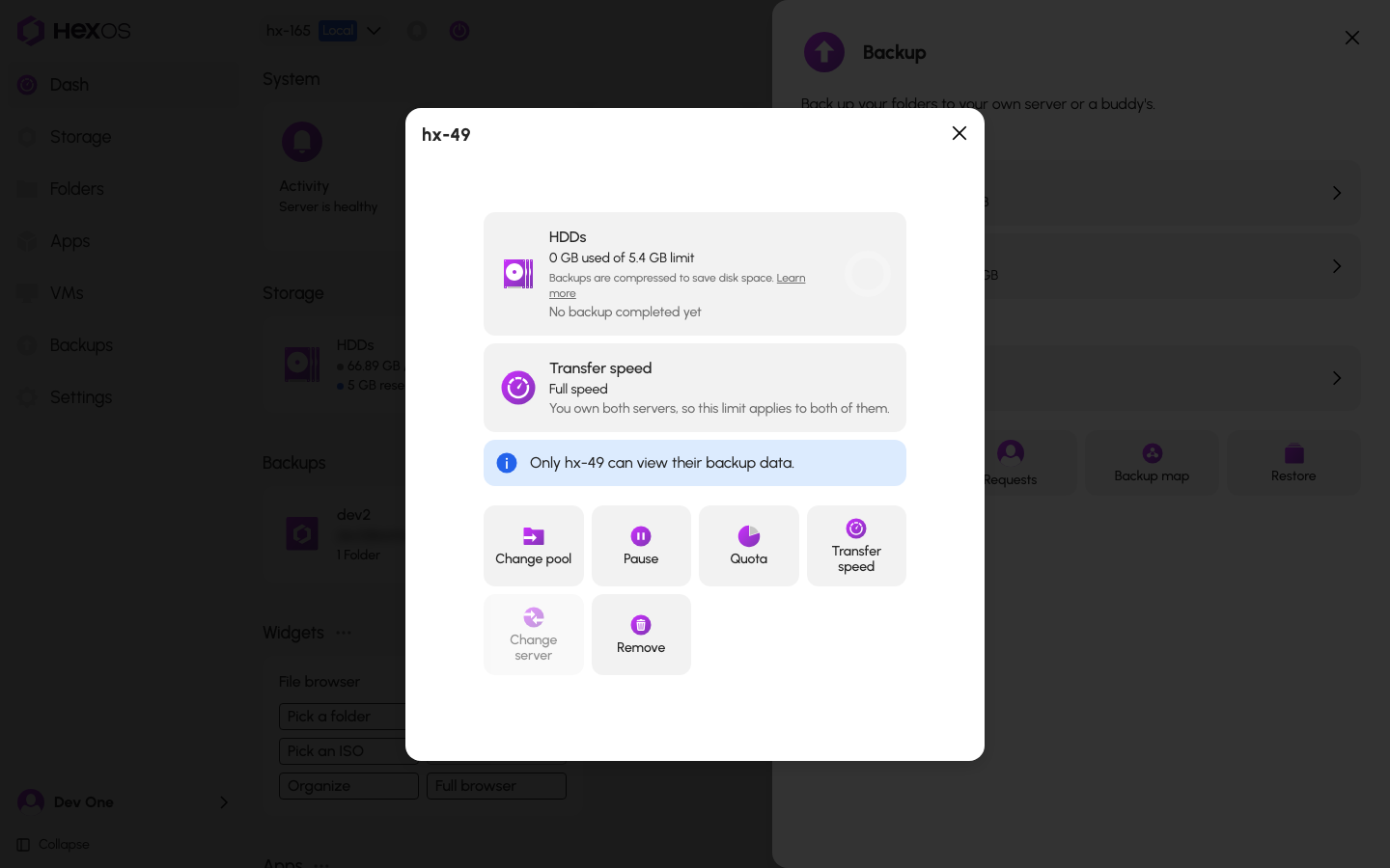 Hosted connection details showing the quota and privacy notice