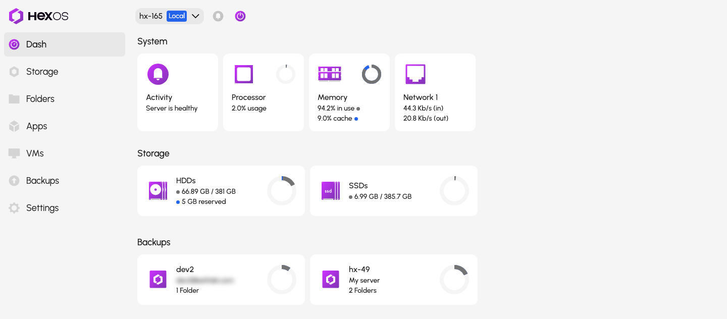 Dashboard showing the Backups section