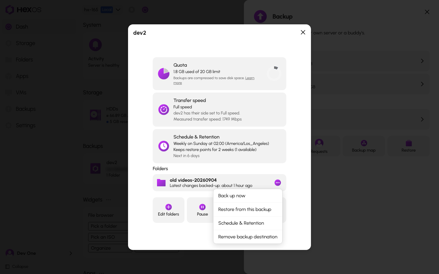 Per-folder menu with Back up now, Restore from backup, Schedule & retention, and Remove from backup