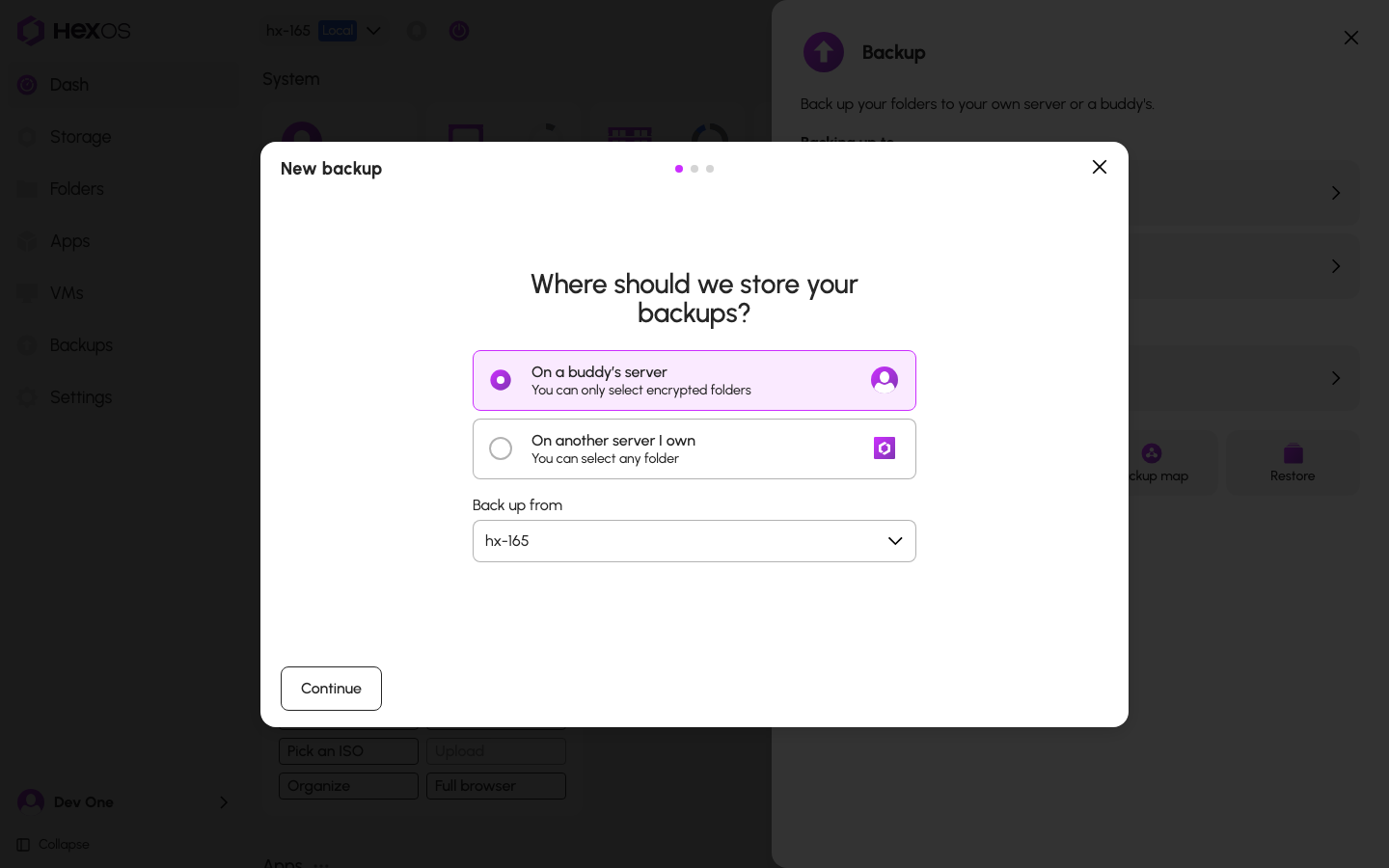 New backup showing the two destination choices