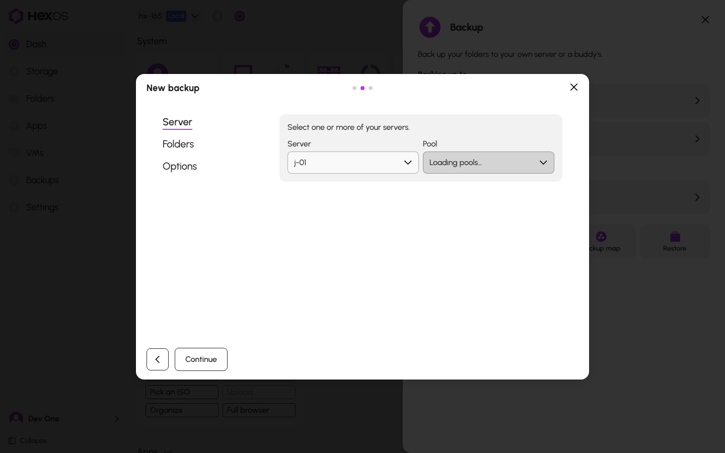 Choosing the source server, destination server, and pool