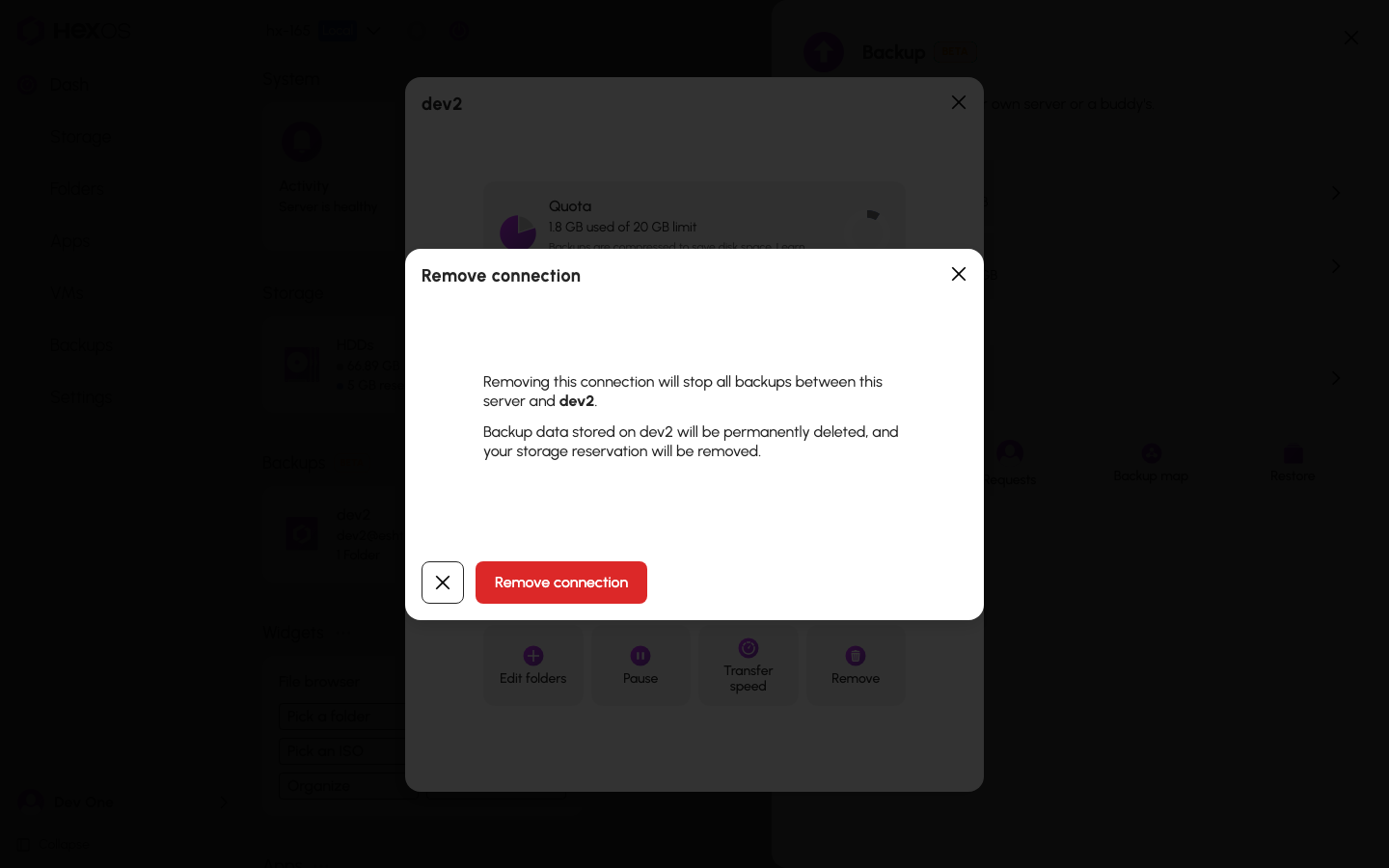 Remove connection confirmation dialog
