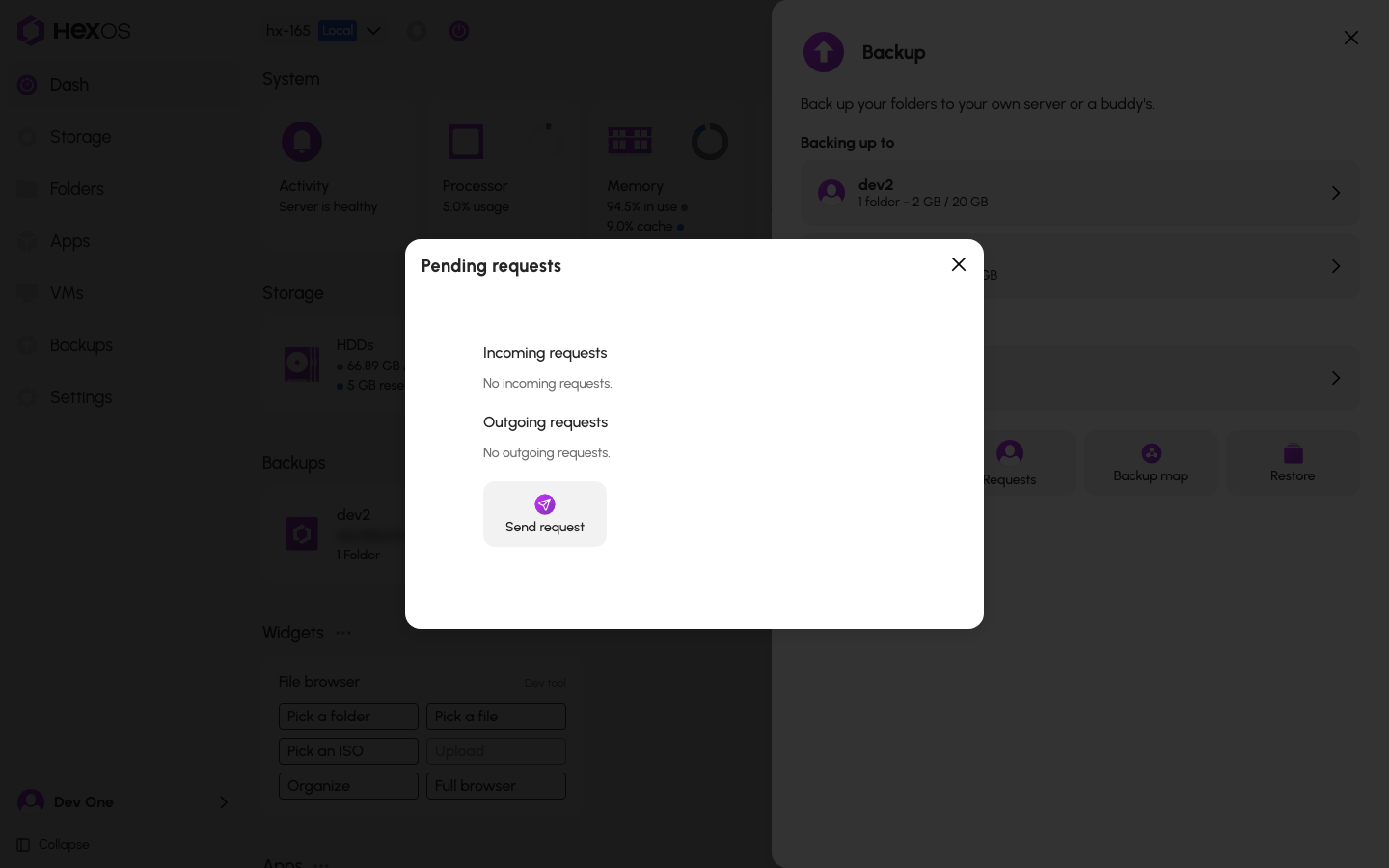 Pending requests dialog listing incoming backup requests