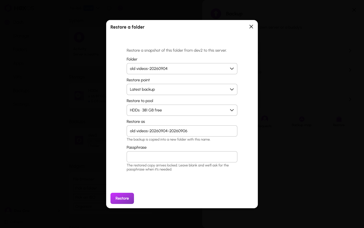 Restore from backup dialog with restore point, pool, name, and passphrase