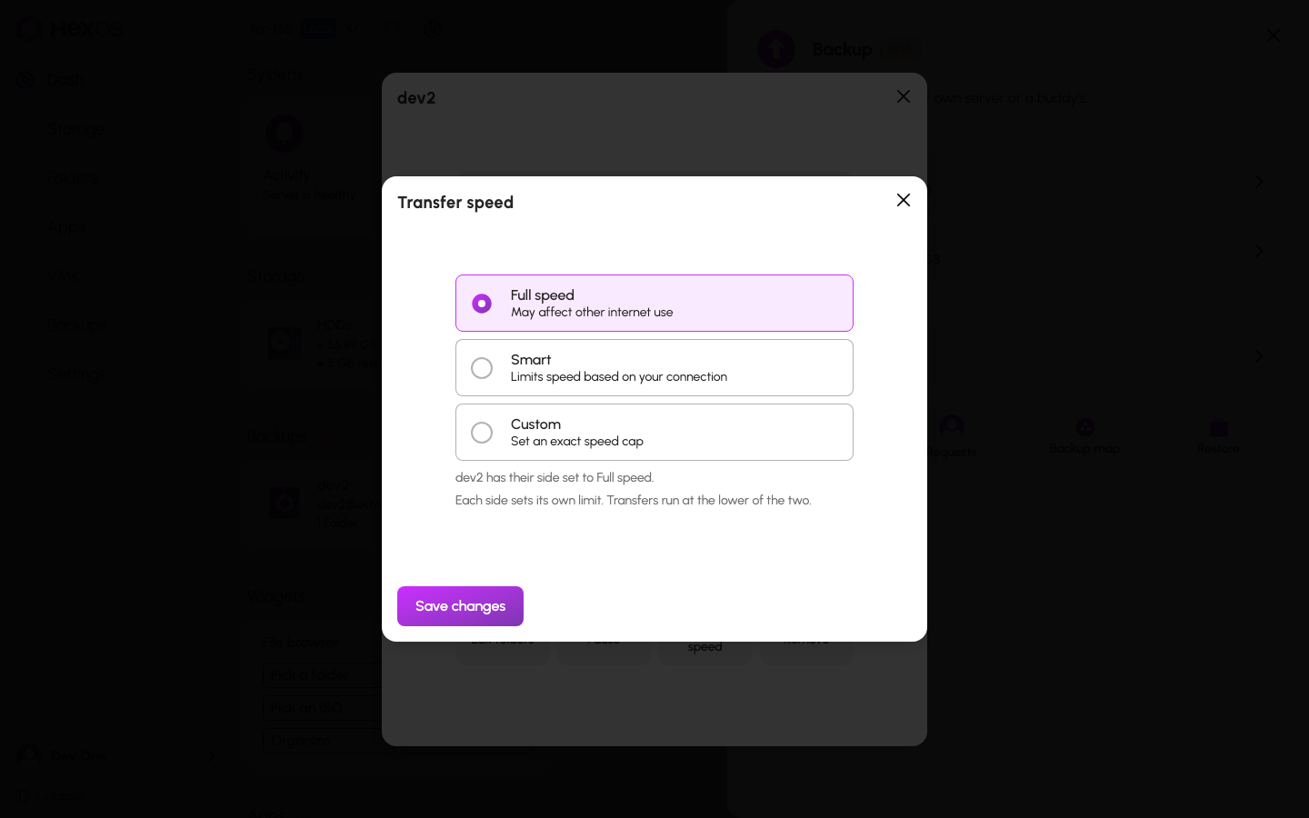 Transfer speed dialog with Full speed, Smart, and Custom