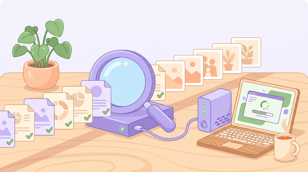 An illustration of a magnifying glass passing over a row of documents, each marked with a green tick, while a laptop keeps working nearby.