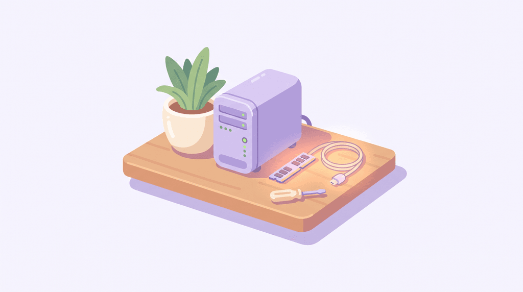 An illustration of a memory module, an unplugged cable and a screwdriver on a board next to a server.