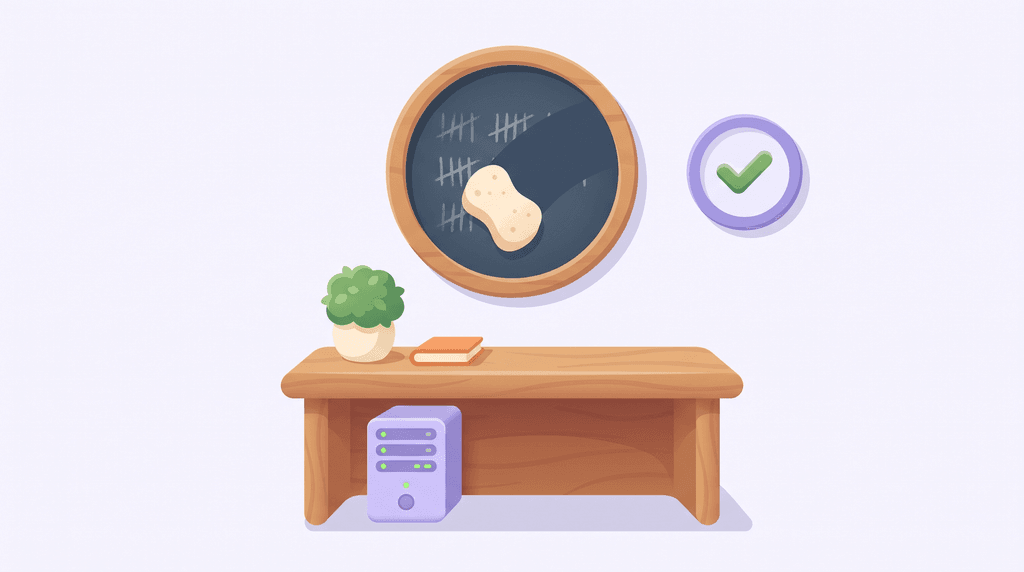 An illustration of a small chalkboard of old tally marks being wiped clean, beside a round badge with a green tick.