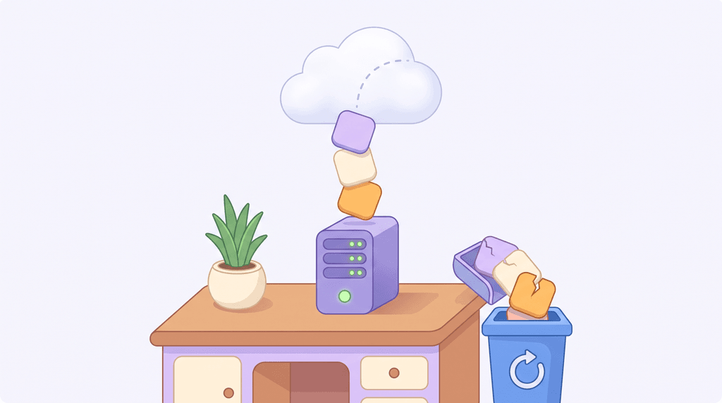 An illustration of a cloud sending a fresh stack of app tiles down to a server while a cracked copy goes into a recycling bin.