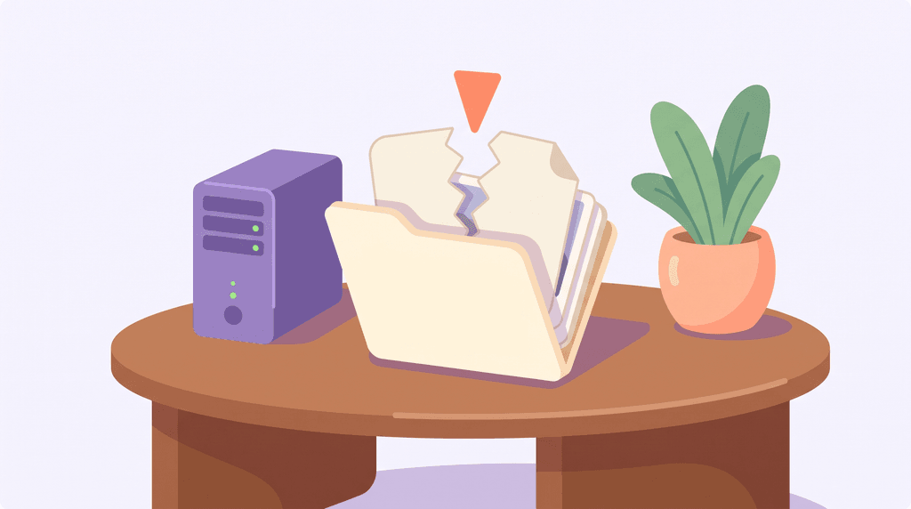 An illustration of a server on a desk beside a folder where one document is torn in two.