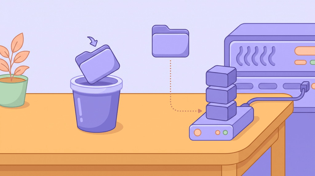 An illustration of one folder dropping into a recycling bin while a second folder stays linked to the same stack of blocks.