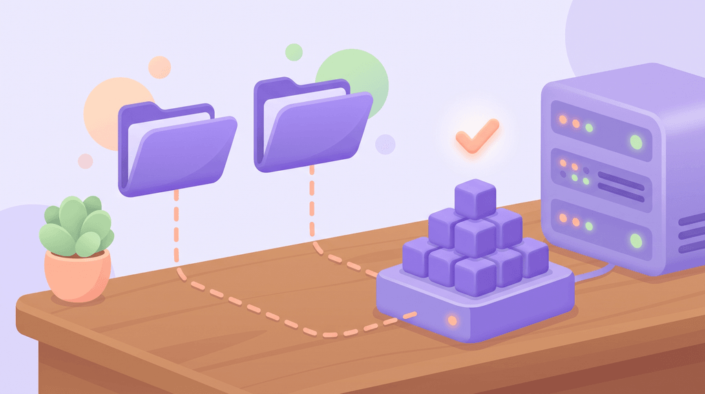 An illustration of two folders, each with a dotted line to the same single stack of blocks on one drive.