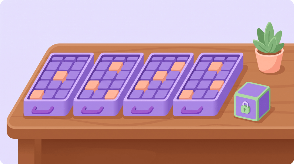 An illustration of four drive trays filled with purple blocks, with a few peach safety blocks spread across all four, and a small locked box beside them.