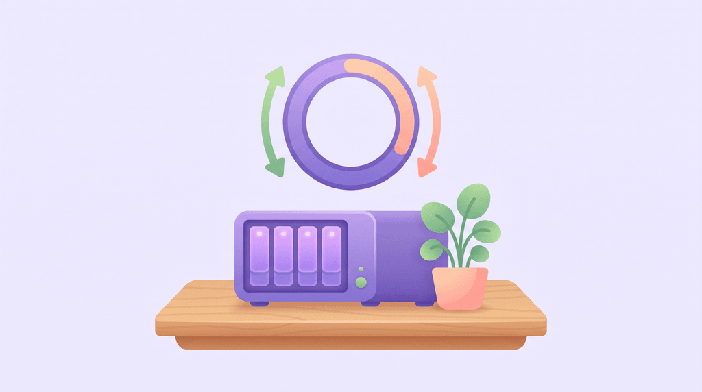 An illustration of a server on a desk with a round gauge above it and two arrows showing the gauge can grow and shrink.