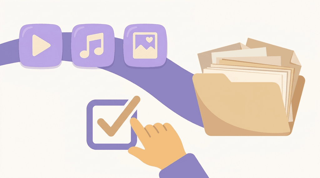 An illustration of three app icons connected to one large folder, and a hand that checks a box.