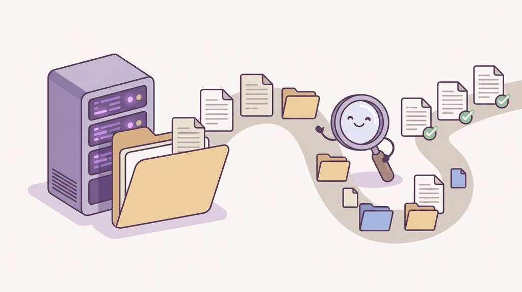 An illustration of a magnifying glass that checks a row of files and folders one by one.