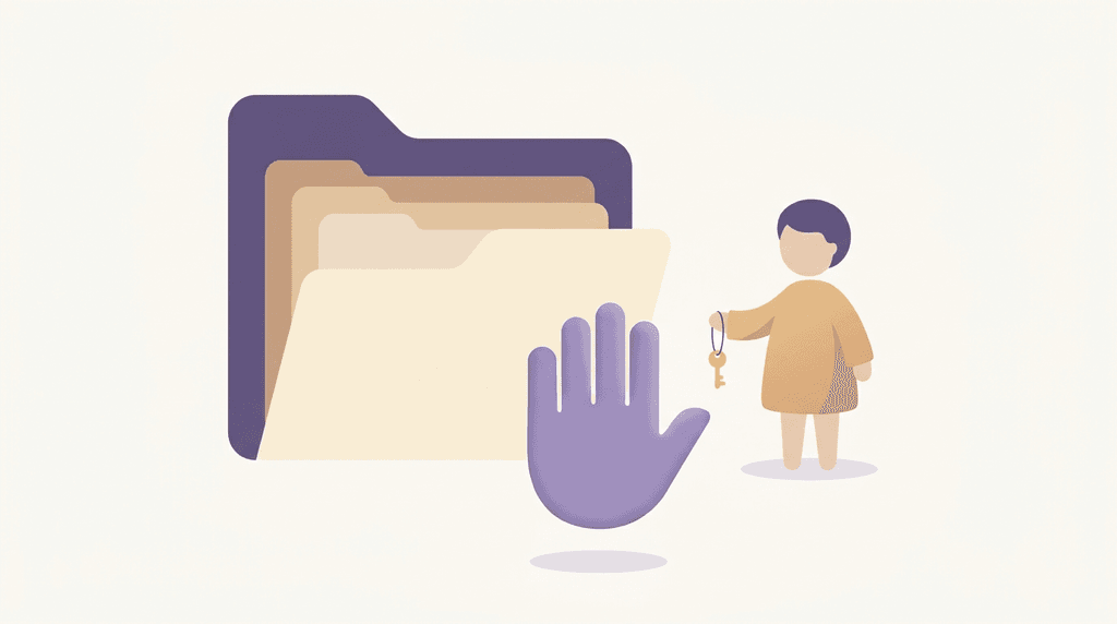 An illustration of a person who holds the key to one folder, and a hand that signals stop.
