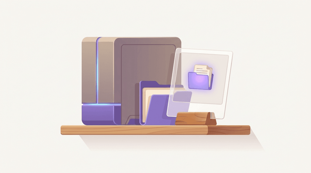 An illustration of a server with a saved copy of its folder on a shelf beside it.