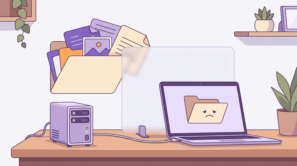 An illustration of a server with a full folder, and a laptop that shows the same folder empty.