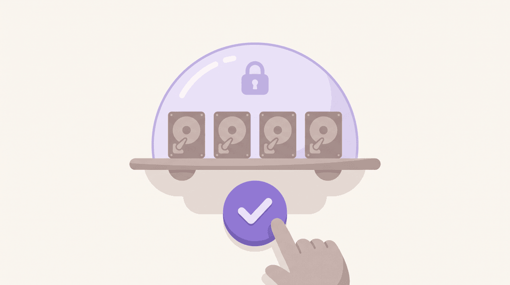An illustration of four drives on a shelf under a locked glass cover, and a finger about to press a large check mark button.
