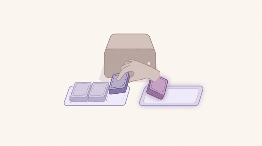 An illustration of a hand that moves one drive from an old group of three into a new, empty tray. The old group fades away as a whole.